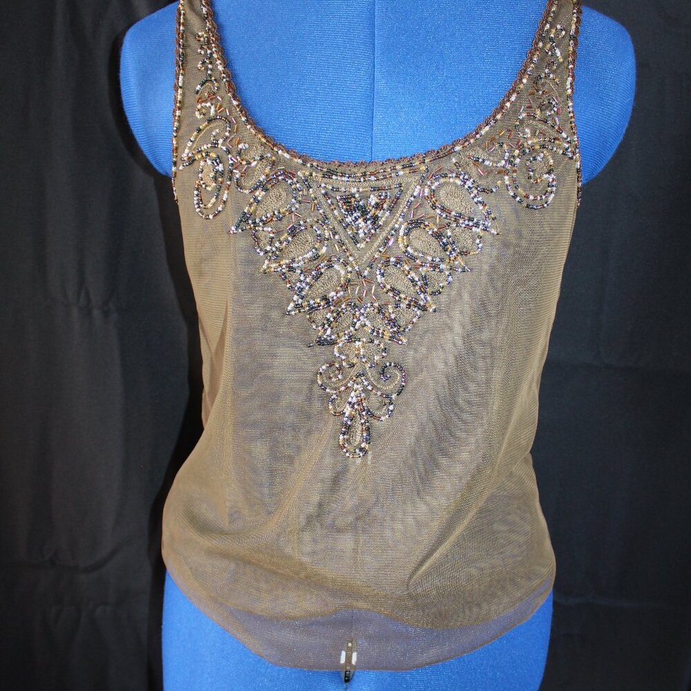 Women's MNG By Mango Green Sheer Racerback Tank Top W/Beadwork Size Small